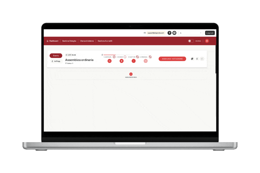 Animazione della piattaforma di voto online Eligo su laptop per configurare e gestire votazioni